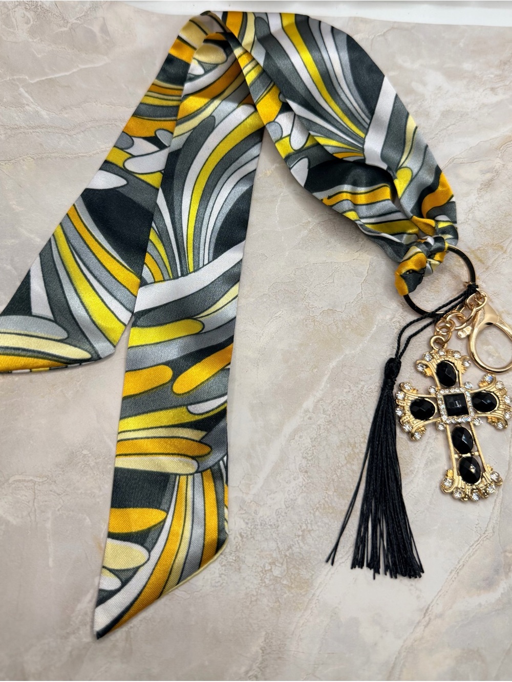 Black, Gold & Gray Scarf Keychain with Cross Charm ✨